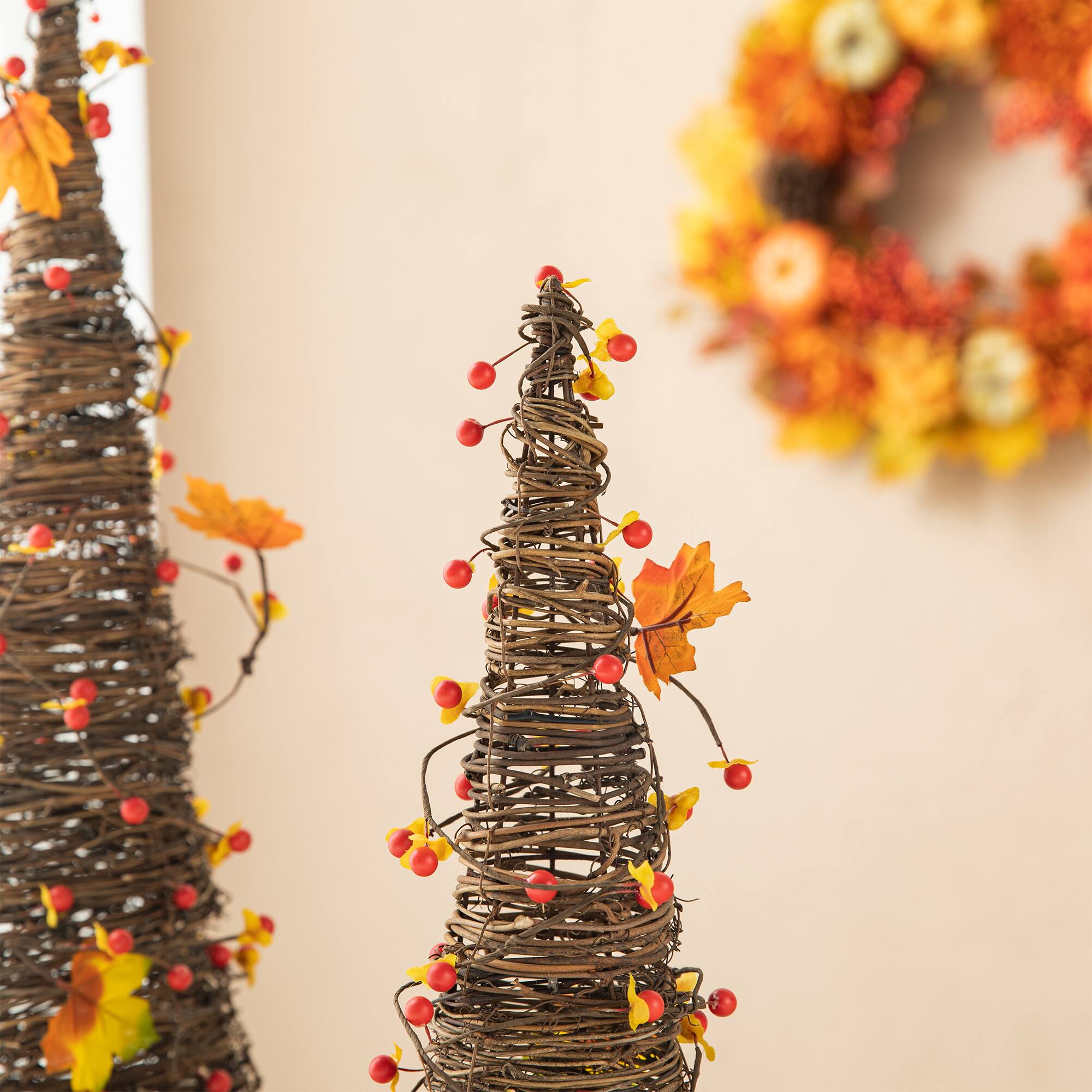 Glitzhome® Rattan Berries & Maple Leaves Table Tree Set